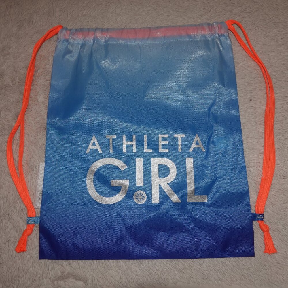 Athleta Girl Drawstring Backpack, 13.5" x 15.5", Ombre Blue, Neon Orange Straps